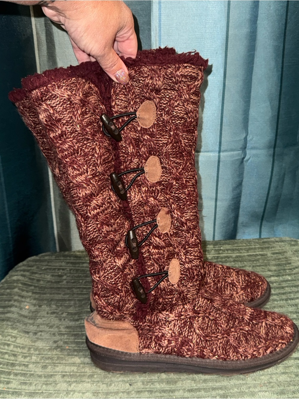 Muk Luks Burgundy Knit Toggle Knee-High Boots